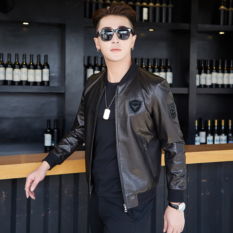 新款真皮皮衣男士棒球服鳄鱼纹绵羊皮立领韩版修身皮夹克纯皮