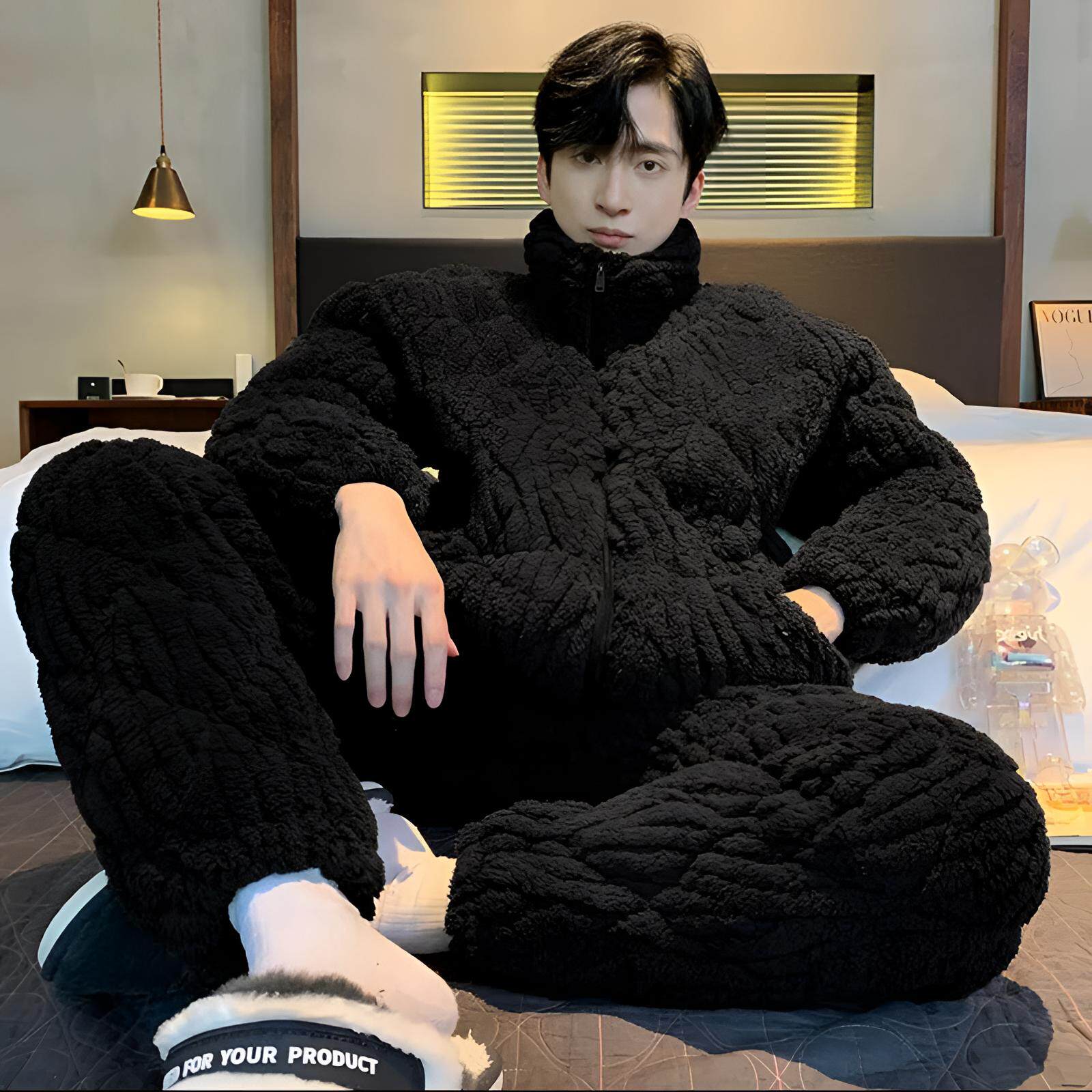 睡衣男款冬季三层夹棉袄加厚纯色