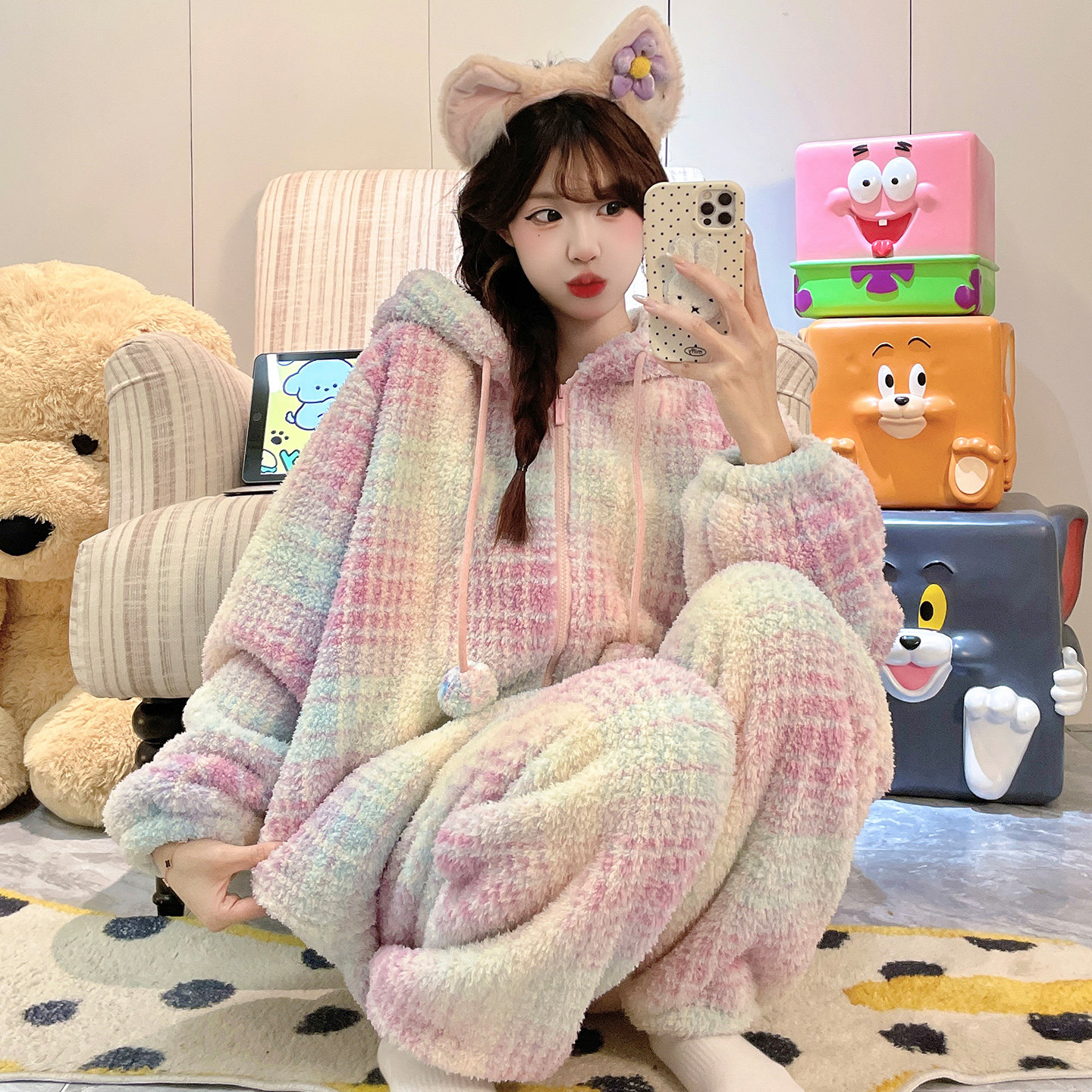 珊瑚绒睡衣女款秋冬季加厚多巴胺