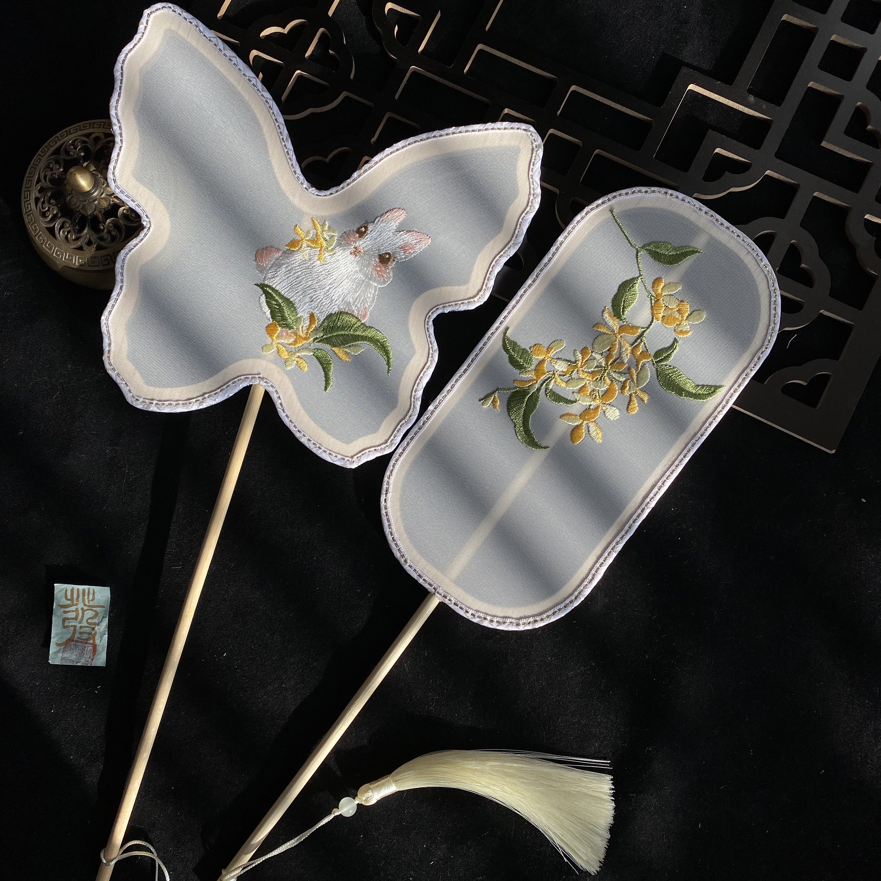 古风团扇古典桂花兔子刺绣异形扇