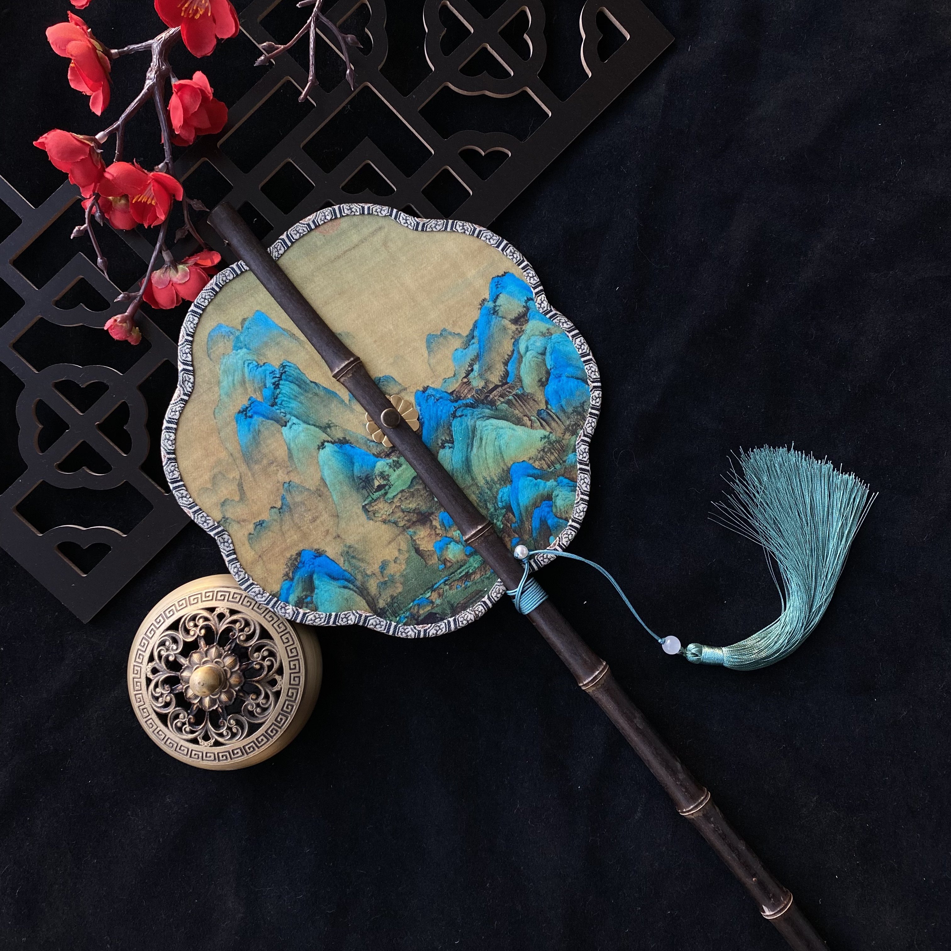 古风腰扇可卷汉服团扇中国风紫竹长柄流苏可卷曲折扇古典挂腰扇子