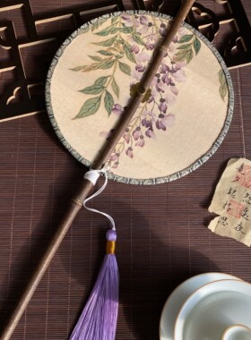 古风可卷腰扇汉服团扇中国风长柄圆形扇子古装流苏跳舞蹈便携扇女