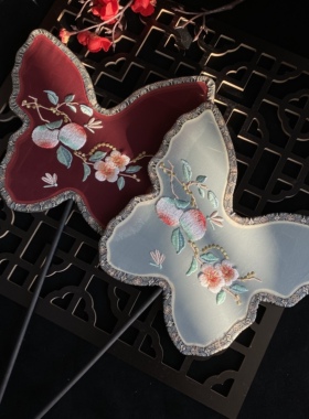 团扇古风扇子儿童夏半透长柄流苏舞蹈扇女古装刺绣蝴蝶扇