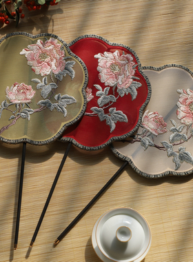 中国风团扇古风汉服长柄宫扇机绣圆扇宫廷扇旗袍走秀扇子刺绣扇子