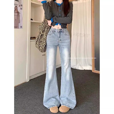 高个子浅色不贴阔微喇牛仔裤女