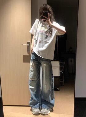 美式复古蓝色磨破设计牛仔裤女宽松百搭拖地个性潮牌水洗阔腿长裤