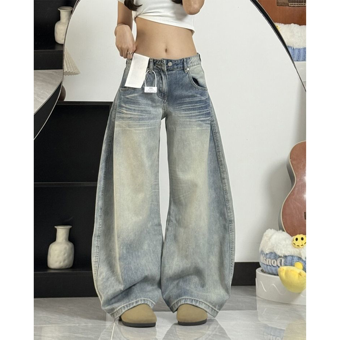 高个子加长版刺绣阔腿弯刀牛仔裤