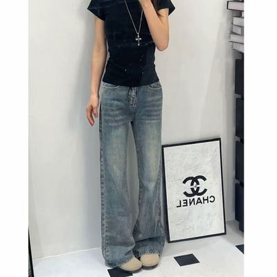 加长版美式复古微喇牛仔裤女