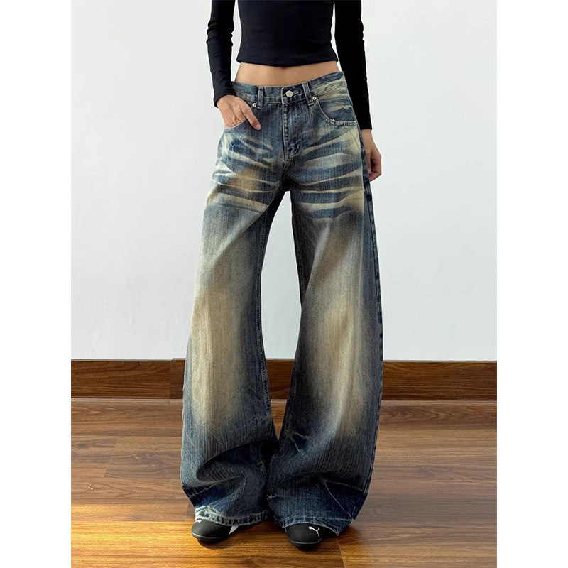 高个子加长美式复古水洗做旧弯刀牛仔裤女宽松百搭显瘦直筒阔腿裤,女装/女士精品,牛仔裤,淘宝优惠券,粉丝福利购,淘宝优惠卷