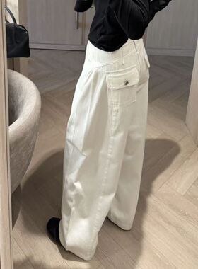 高个子美式白色弯刀牛仔裤女2026夏季高腰宽松显瘦百搭阔腿拖地裤