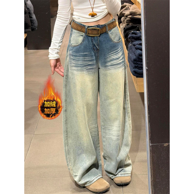加绒美式复古折痕弯刀牛仔裤女
