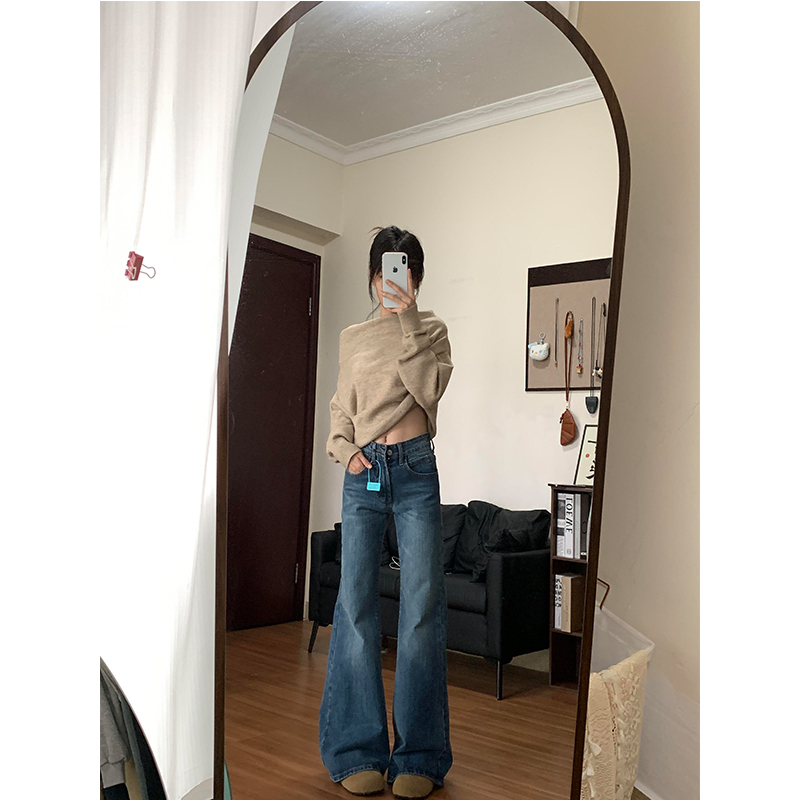 加长复古深蓝色低腰微喇牛仔裤