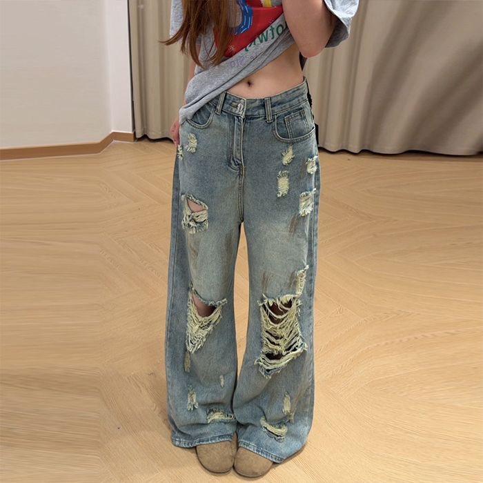 美式破洞阔腿牛仔裤女夏季薄款2026新款高腰宽松垂感直筒乞丐裤子