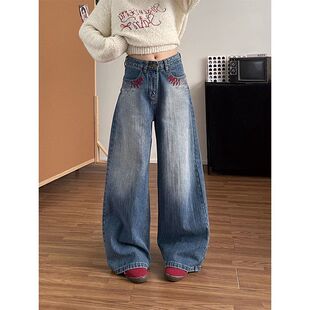 美式复古刺绣钉珠阔腿牛仔裤女2026春高腰水洗重工宽松显瘦直筒裤