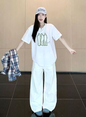 美式白色阔腿牛仔裤女2026夏季新款高腰宽松显瘦遮胯弯刀拖地长裤