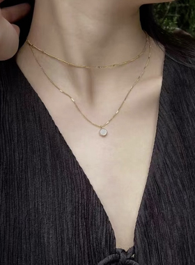 洗澡不掉色轻奢双层项链贝壳吊坠镀18K金叠戴锁骨链ins颈链钛钢