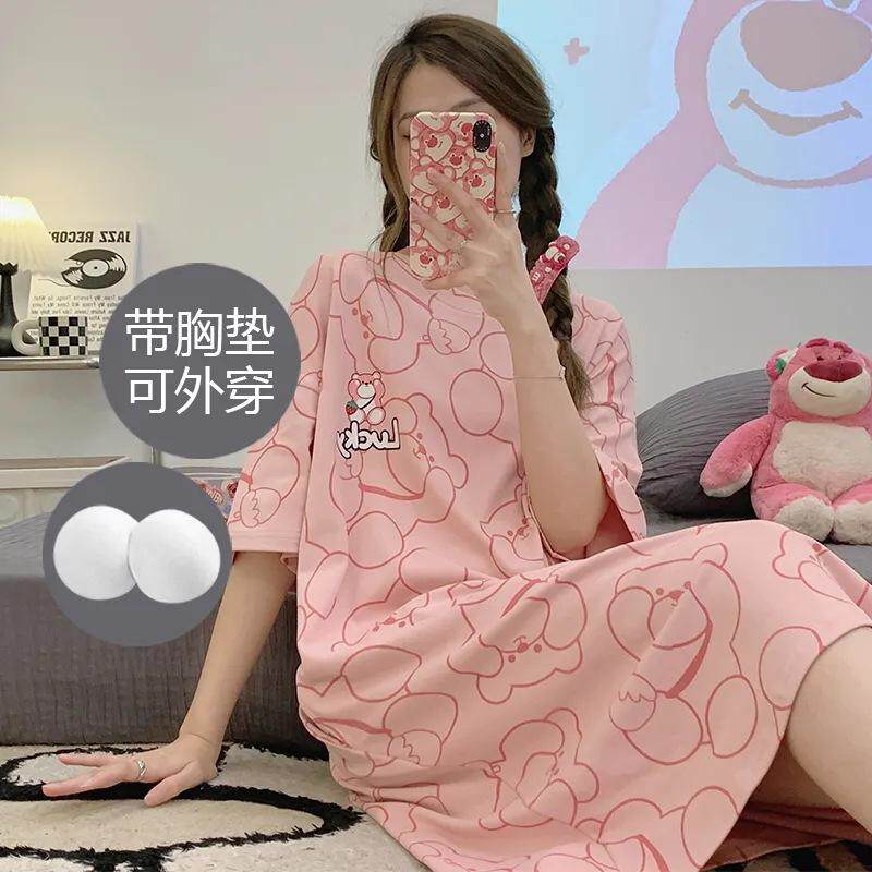 纯棉短袖睡裙女夏胖mm特大码家居服卡通中长款过膝女学生甜美睡衣