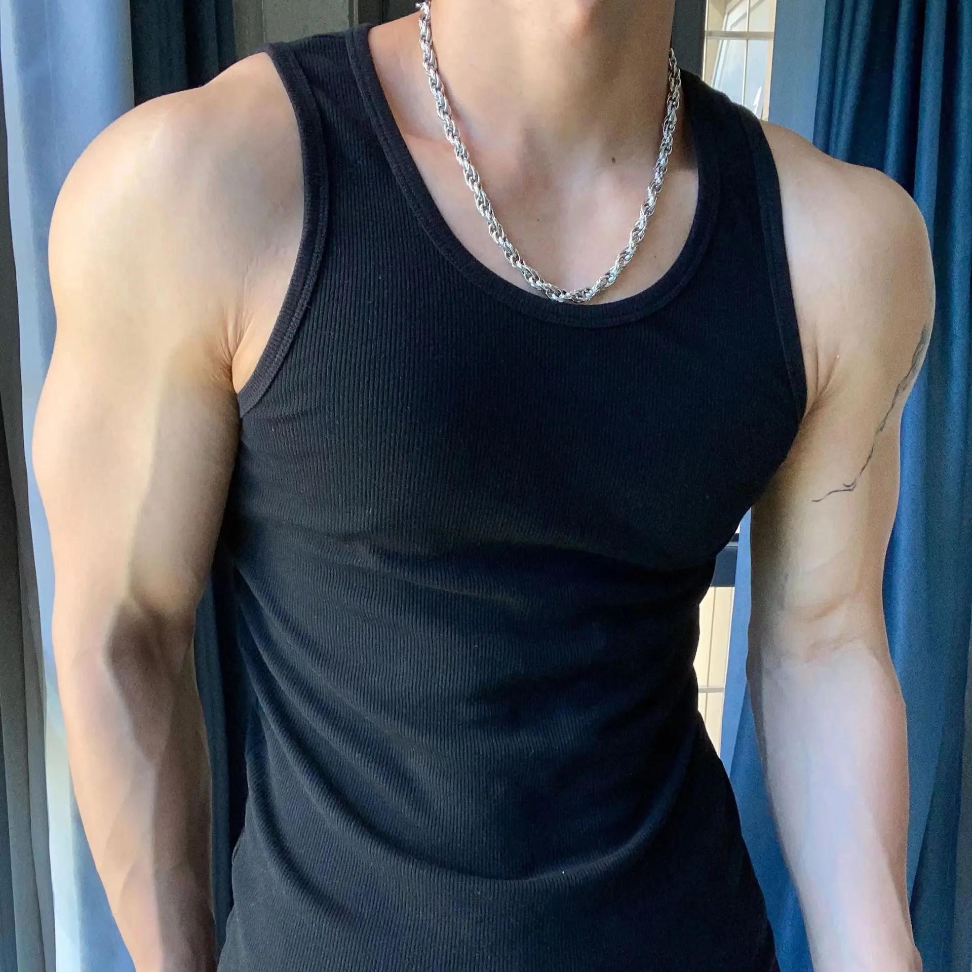 男士夏背心重磅棉粗螺纹健身弹力运动修身工字吸汗显肌肉黑色坎肩