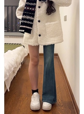 复古高腰微喇牛仔裤女夏季胖m弹力大码梨形身材显瘦马蹄裤子88711