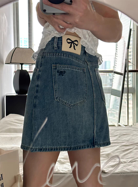 蝴蝶结绣花牛仔a字弹力半身裙女夏季小个子显瘦百搭短裙KX33237