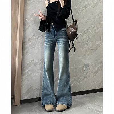 微喇高腰大码牛仔裤女胖mm复古百搭修身长裤显瘦喇叭裤KX88793