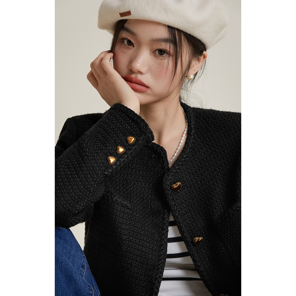 弥古黑色小香风针织外套女宽松高级感重工编织小西服短款秋冬穿搭