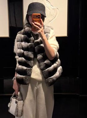环保仿獭兔毛龙猫纹立领无袖马甲高级感2026新款皮草保暖坎肩女