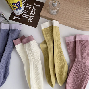 立体浮雕肌理感甜美多巴胺穿搭小腿袜女士日系撞色袜口纯棉中筒袜