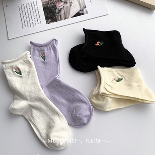 日系马卡龙色系堆堆袜子女小花刺绣卷边薄款 棉袜透气吸汗中筒袜