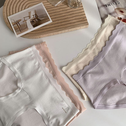 波浪边加长裆全棉内裤女士纯色7A抑菌透气裆纯棉中腰包臀三角裤