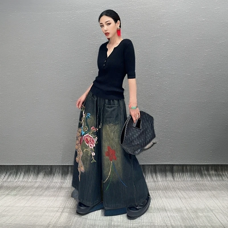 春季2025新款今年流行爆款休闲宽松绣花九分裤彩绘刺绣牛仔阔腿裤