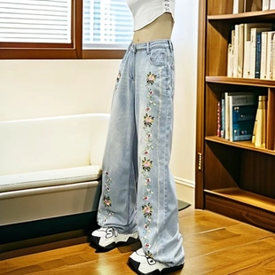 2025年夏季 新款 网红复古刺绣高腰显瘦绣花牛仔裤 女宽松直筒阔腿裤