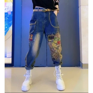高腰显瘦老爹裤 欧货重工个性 女春夏季 印花烫钻钉珠大码 哈伦牛仔裤