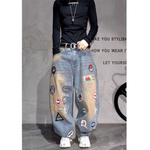 潮牌街头痞帅宽松拖地长裤 美式 高街重磅徽章刺绣阔腿弯刀牛仔裤