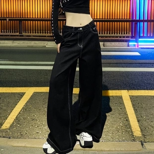 女 2025夏季 高腰显瘦宽松垂感直筒阔腿裤 明线装 饰水洗黑色牛仔裤