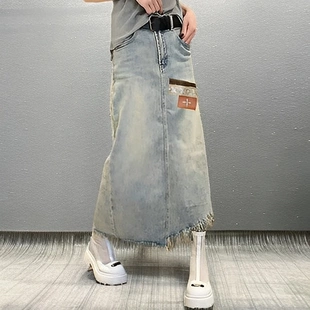 春季 休闲牛仔半身裙高腰显瘦刺绣开叉中长裙 2025新款 今年流行爆款