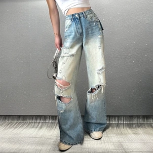 流行新款 设计感阔腿牛仔裤 2025夏季 爆款 女长裤 宽松显瘦休闲拖地裤