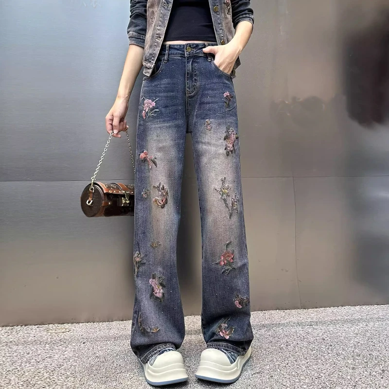 复古烫钻窄版阔腿牛仔裤女长裤