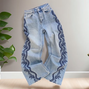 2026小众炸街高级感女装春季刺绣侧边钉珠牛仔裤宽松蓝色阔腿长裤