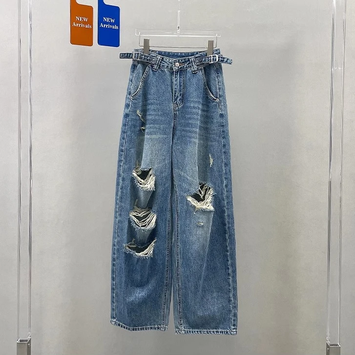 2025夏季新款复古休闲老爹破洞弯刀裤女时尚高腰宽松阔腿牛仔长裤