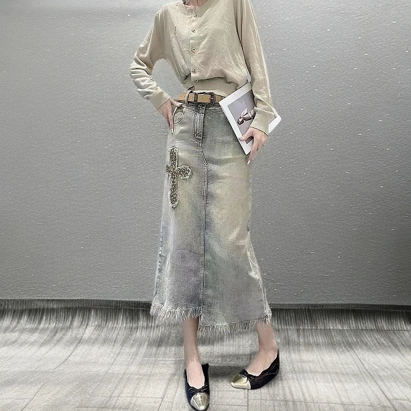 高腰钉珠复古开叉牛仔裙半身裙女