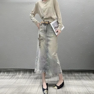 春季 休闲高腰钉珠复古开叉牛仔裙半身裙女 2025新款 今年流行爆款