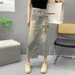弹力高腰显瘦做旧后开叉牛仔半身裙女包臀长裙子 原创定制春夏新款