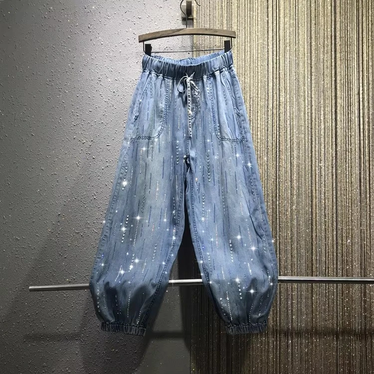 2025夏季新款复古休闲高腰显瘦束脚牛仔裤女薄款松紧腰系带九分裤