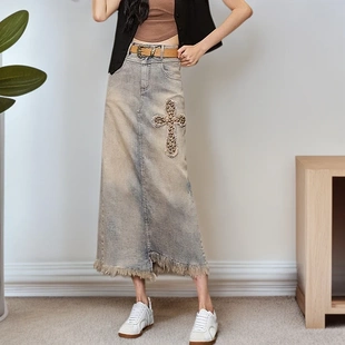 钉珠刺绣毛边牛仔半身裙女夏季 包臀裙 2025新款 复古高腰显瘦中长款