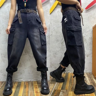 文艺复古春秋高腰宽松大码 女 加绒加厚工装 大口袋牛仔老爹哈伦垮裤