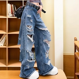 百搭破洞牛仔裤 2025年夏季 女时尚 新款 网红复古高腰显瘦直筒阔腿裤