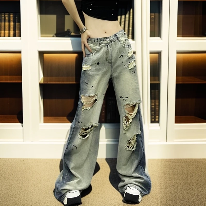 网红复古洋气撞色破洞牛仔裤女