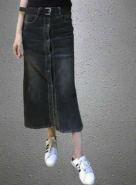 2025新款秋装复古高腰显瘦黑色牛仔半身裙女a字款开叉中长款伞裙