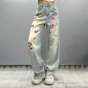 流行新款 小众刺绣蝴蝶花朵直筒休闲牛仔裤 2025夏季 爆款 女装 拖地裤
